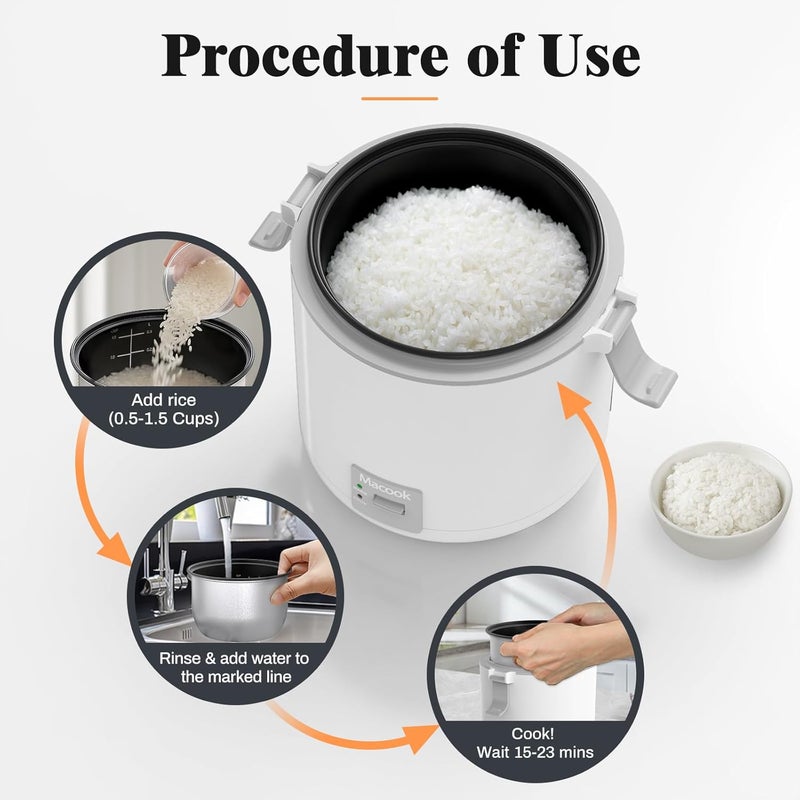 Macook Rice Cooker Small 1-1.5 Cups Uncooked(3 Cups Cooked), Mini Rice Cooker with Removable Nonstick Pot, One Touch&Keep Warm Function, Travel Rice Cooker for Soup Grain Oatmeal Veggie, White - Image 5